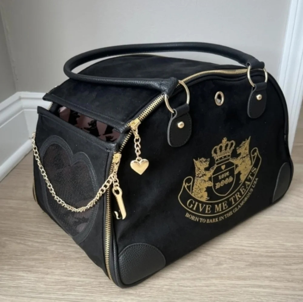 NWT Juicy Couture Pet Carrier Black & Pink Travel Bag for Small Dog & Cat.